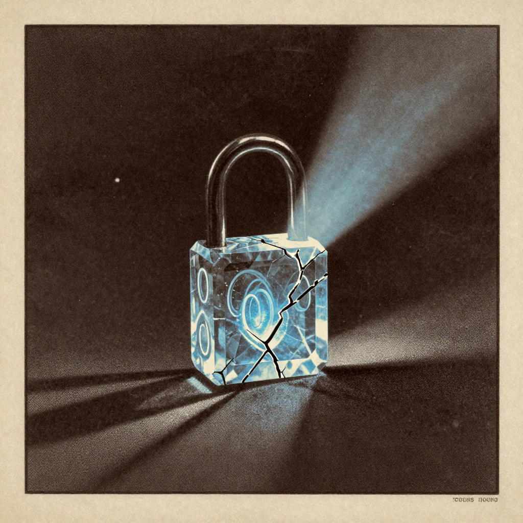 vintage Victorian newspaper photograph, sepia tone, aged paper texture, halftone dot printing, 1890s photojournalism, slight grain, archival quality, authentic period photography, a small, intricately faceted crystalline lock suspended in darkness, its facets etched with glowing elliptic curve patterns, now fractured along precise quantum fault lines, illuminated by a sharp beam of cold blue light from the side, casting long, splintered shadows that resemble decryption keys, the air thick with suspended particles hinting at unraveling data integrity [Z-Image Turbo]