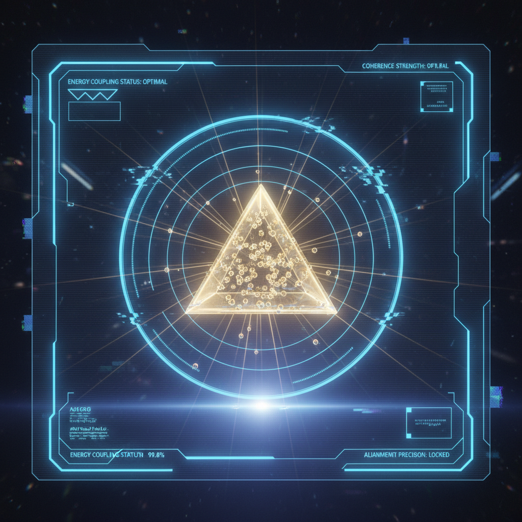 first-person view through futuristic HUD interface filling entire screen, transparent holographic overlays, neon blue UI elements, sci-fi heads-up display, digital glitch artifacts, RGB chromatic aberration, data corruption visual effects, immersive POV interface aesthetic, transparent golden bipyramid structure at center, embedded with pinpoint quantum dots glowing in perfect resonance, suspended in a faint radial field of converging light beams that guide and lock them into place, viewed through a sleek translucent HUD with subtle data readouts along the edges—energy coupling status, coherence strength, alignment precision—soft ambient glow from below, sharp directional highlights tracing the light paths, atmosphere of controlled revelation against a dark blurred backdrop [Nano Banana]