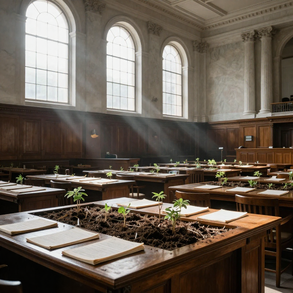 empty formal interior, natural lighting through tall windows, wood paneling, institutional architecture, sense of history and permanence, marble columns, high ceilings, formal furniture, muted palette, an empty legislative chamber, centuries-old oak tables covered in soil-filled ledgers sprouting brittle saplings, morning light slicing through tall arched windows at a low diagonal, air thick with floating pollen and dust, the silence of realization [Z-Image Turbo]