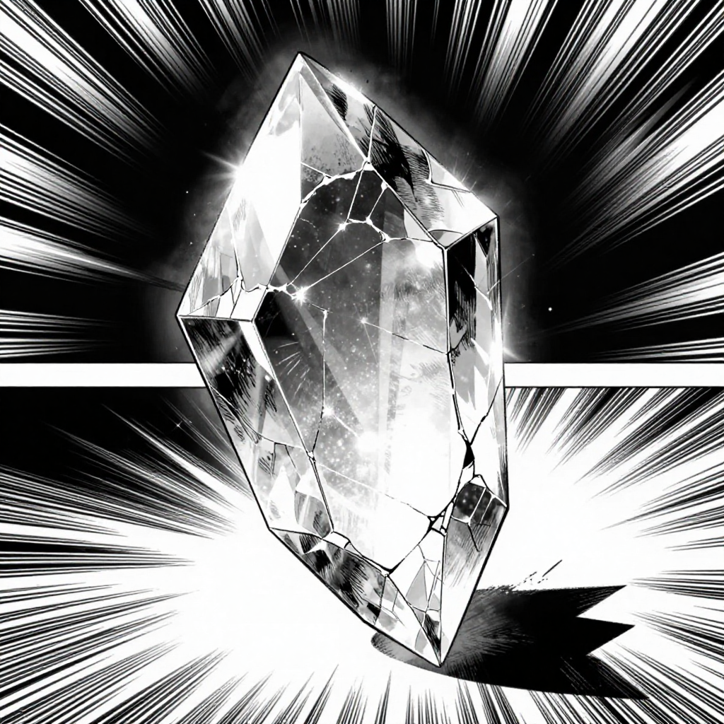 black and white manga panel, dramatic speed lines, Akira aesthetic, bold ink work, a cracked quantum prism, made of translucent cryo-glass with faint internal light pulses frozen mid-fade, extreme close-up with light fracturing at fault lines, backlighting from below casting sharp shadows, atmosphere of suspended collapse—silence before dissolution [Z-Image Turbo]