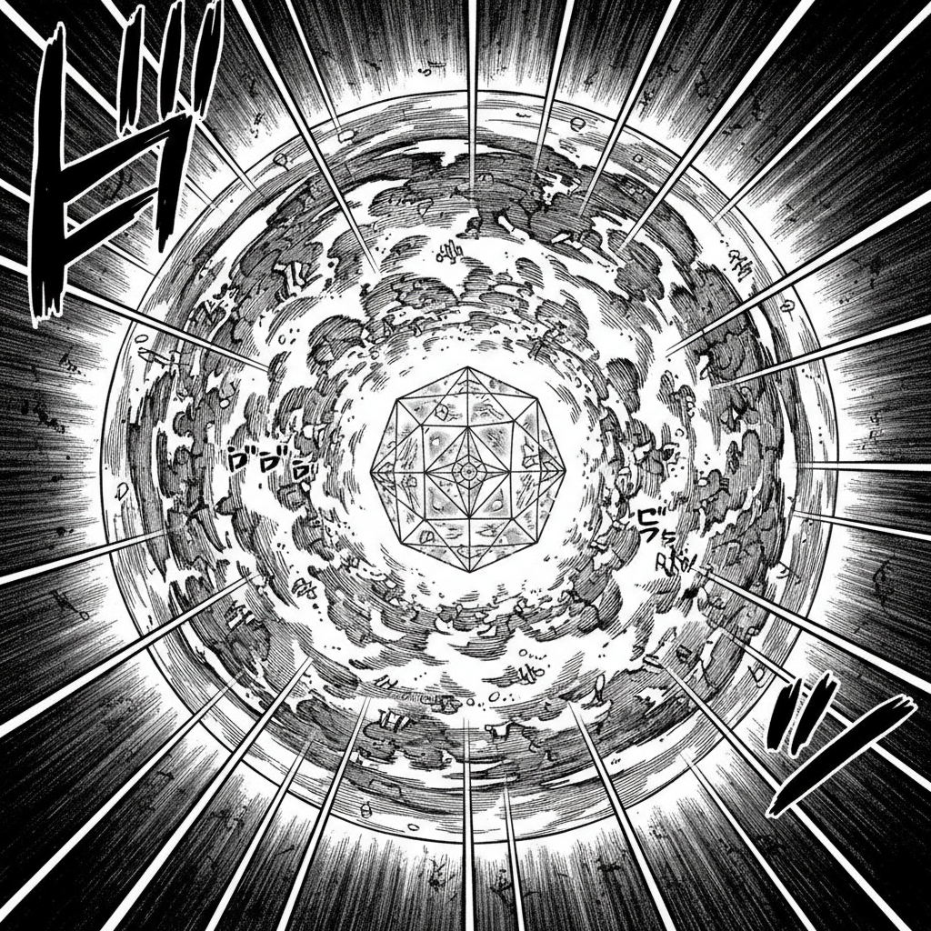 black and white manga panel, dramatic speed lines, Akira aesthetic, bold ink work, A perfectly still, geometric crystalline structure suspended at the center of a violently swirling, incandescent plasma cloud within a transparent containment vessel, intense radial lighting from the core illuminating the turbulent surroundings against deep shadow, an atmosphere of immense tension between raw energy and absolute control. [fal-ai/nano-banana]
