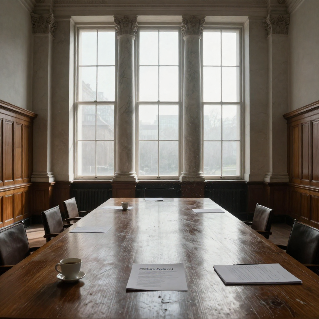 empty formal interior, natural lighting through tall windows, wood paneling, institutional architecture, sense of history and permanence, marble columns, high ceilings, formal furniture, muted palette, a long polished mahogany boardroom table, scarred with faint rings from coffee cups and scattered with handwritten notes and a single open dossier labeled 'Mythos Protocol', cold morning light streaming through floor-to-ceiling windows behind it, dust motes suspended in air, one chair pulled slightly away as if recently abandoned, silence pressing against the walls of the empty chamber [Z-Image Turbo]