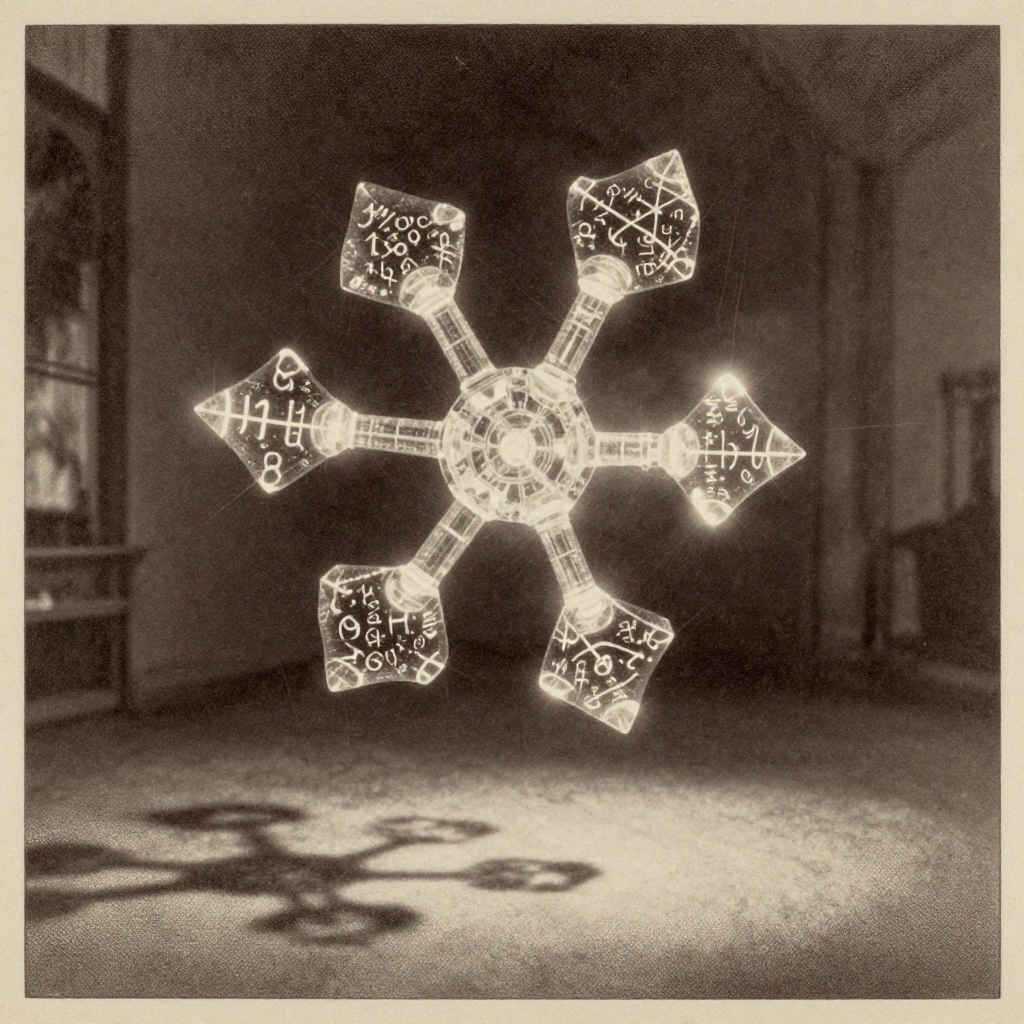 vintage Victorian newspaper photograph, sepia tone, aged paper texture, halftone dot printing, 1890s photojournalism, slight grain, archival quality, authentic period photography, a fragile crystal lattice composed of glowing, recursively branching equations suspended in midair, delicate glass-like surfaces etched with faintly pulsing symbols of quantum algebra, dramatic side lighting from below casting sharp, shifting shadows, atmosphere of silent revelation in a dark, empty chamber [Z-Image Turbo]