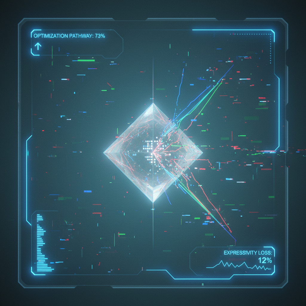 first-person view through futuristic HUD interface filling entire screen, transparent holographic overlays, neon blue UI elements, sci-fi heads-up display, digital glitch artifacts, RGB chromatic aberration, data corruption visual effects, immersive POV interface aesthetic, A cracked quantum prism floating at the center of a heads-up display, its core made of translucent quantum crystal with faint internal qubit lattice patterns, refracting some light into clean, separated beams but splintering the rest into incoherent shards; top-left and bottom-right corners show minimalist data readouts tracking "Optimization Pathway" and "Expressivity Loss"; soft ambient glow from behind the prism contrasts with jagged fracture lines glowing faint red; even, diffused lighting from front, interface glass texture faintly visible at edges; atmosphere of controlled precision under silent strain [Nano Banana]