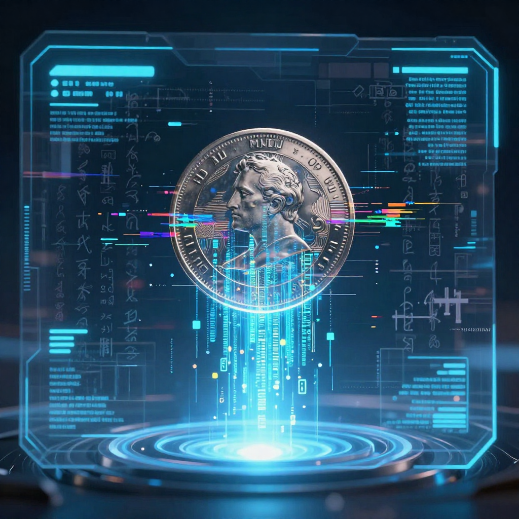 first-person view through futuristic HUD interface filling entire screen, transparent holographic overlays, neon blue UI elements, sci-fi heads-up display, digital glitch artifacts, RGB chromatic aberration, data corruption visual effects, immersive POV interface aesthetic, a coin dissolving into quantum code, its edge shifting from milled metal to flickering strands of entangled data, embedded within a transparent heads-up display, faint glyphs of woodblock script and Newtonian equations glowing along the periphery, central focus sharp through layered glass, cool blue light from below casting upward through the code, sterile and precise, atmosphere of quiet revelation [Z-Image Turbo]