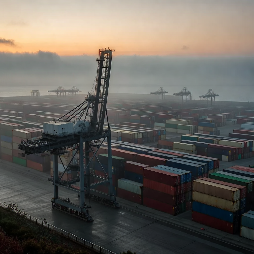 industrial scale photography, clean documentary style, infrastructure photography, muted industrial palette, systematic perspective, elevated vantage point, engineering photography, operational facilities, a single automated container gantry crane standing at the edge of a vast, fog-draped port terminal at dawn, rows of multicolored shipping containers stretching into the distance in precise grid formation, steel and concrete textures dulled by coastal mist, backlit by a low, diffused orange horizon, atmosphere of quiet inevitability and systemic encroachment [Bria Fibo]