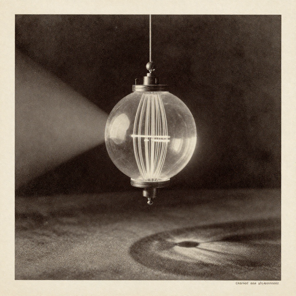vintage Victorian newspaper photograph, sepia tone, aged paper texture, halftone dot printing, 1890s photojournalism, slight grain, archival quality, authentic period photography, a suspended glass resonator sphere with internal feedback channels, delicate etched silica pathways glowing faintly with trapped light pulses, illuminated from the left by a sharp, narrow beam of light casting long shadows, in a dark, still void with subtle haze catching the edges of the glow [Z-Image Turbo]