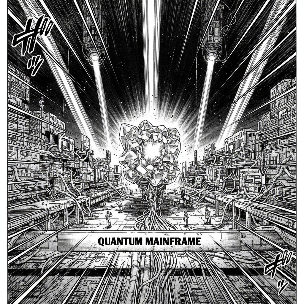 black and white manga panel, dramatic speed lines, Akira aesthetic, bold ink work, massive underground quantum computing facility with a central crystalline quantum processor surrounded by sprawling auxiliary qubit arrays extending into darkness, harsh diagnostic lighting from overhead beams casting long shadows across the expansion, overwhelming scale contrasting pristine technology with chaotic infrastructure growth [fal-ai/nano-banana]