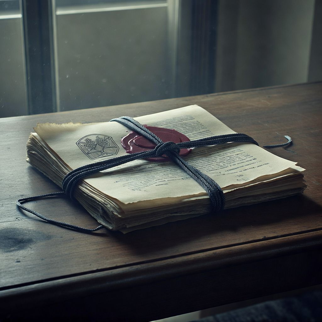 muted documentary photography, diplomatic setting, formal atmosphere, institutional gravitas, desaturated color palette, press photography style, 35mm film grain, natural lighting, professional photojournalism, A thick parchment treaty bound with braided fiber-optic ribbons and sealed under layers of crimson legal wax stamped with overlapping EU emblems, resting on a weathered oak table beneath dim side-lit institutional glass, the air still and hazy with dust motes, surrounded by faint impressions of unsigned ratification clauses fading into shadow [Bria Fibo]