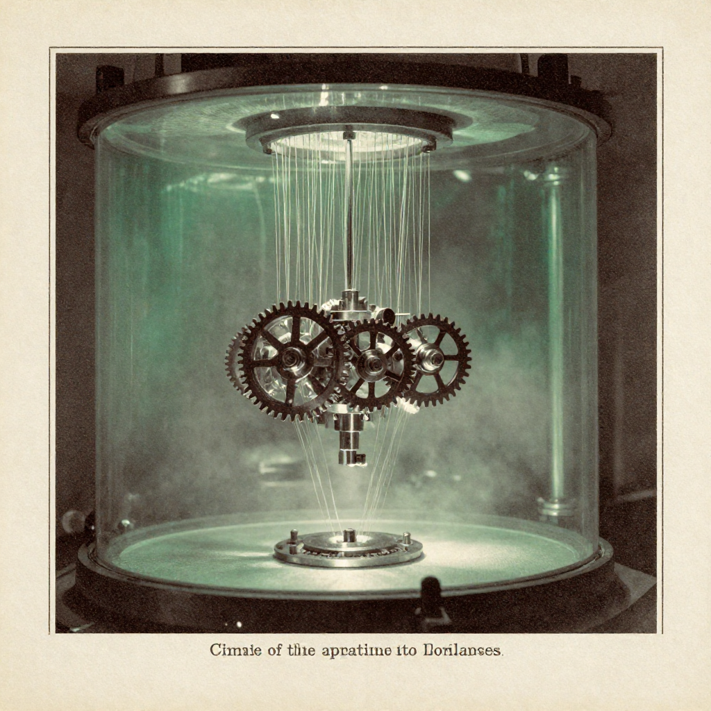 vintage Victorian newspaper photograph, sepia tone, aged paper texture, halftone dot printing, 1890s photojournalism, slight grain, archival quality, authentic period photography, a stripped clockwork consensus engine, forged from polished tungsten gears and taut fiber-optic tethers, lit by a sharp lateral beam from obsidian louvers, suspended in silent operation within a vacuum chamber under green-tinged isolation fog [Z-Image Turbo]