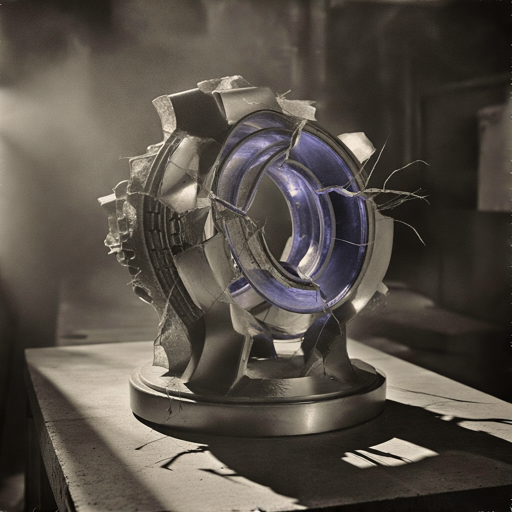 vintage Victorian newspaper photograph, sepia tone, aged paper texture, halftone dot printing, 1890s photojournalism, slight grain, archival quality, authentic period photography, A fractured quantum resonator, forged from chilled niobium and cracked sapphire, glows with unstable indigo light from within, its inner rings slightly misaligned like broken vertebrae, delicate superconducting traces peeling like burnt foil, illuminated by a sharp lateral beam from the left that casts long, jagged shadows across a concrete platform, the air thick with ionized haze and the faint shimmer of decohering particles, conveying a silence more terrifying than collapse [Bria Fibo]