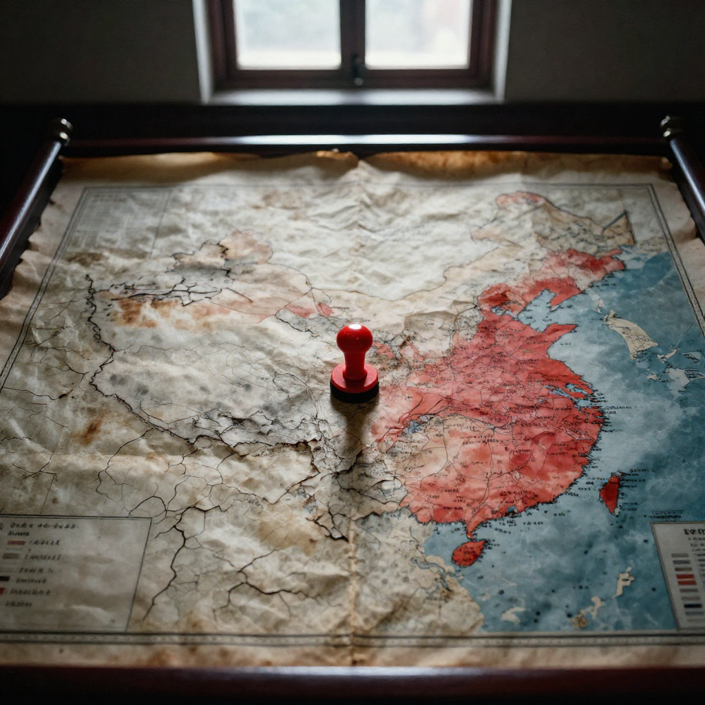 muted documentary photography, diplomatic setting, formal atmosphere, institutional gravitas, desaturated color palette, press photography style, 35mm film grain, natural lighting, professional photojournalism, an ancient-looking parchment map of a Chinese metropolis, its surface cracked and stained like dried riverbeds, inked with faint gradients showing accessibility scores fading from deep red in the center to ghostly gray at the edges, a single imperial red seal pressed firmly over its center like a verdict, side-lit by low-angle light from a high window, casting long shadows across the textured paper, the air still and heavy as in a state archive [Z-Image Turbo]