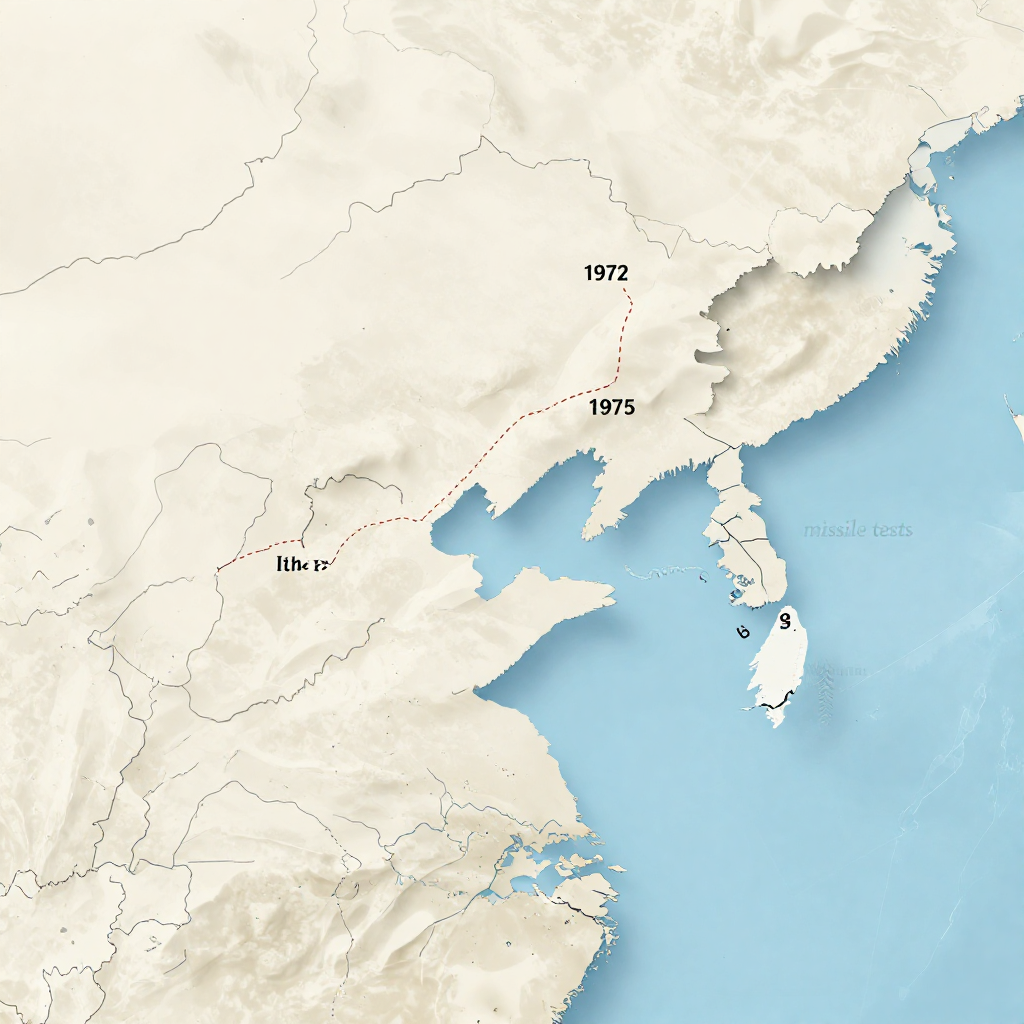 flat color political map, clean cartographic style, muted earth tones, no 3D effects, geographic clarity, professional map illustration, minimal ornamentation, clear typography, restrained color coding, flat 2D political map of East Asia, delicate ink lines with faint color washes distinguishing regions, a thin but spreading crack originating from Beijing and extending toward Taipei, subtle dashed red line tracing a route from Washington D.C. to Beijing labeled '1972,' another dotted line from Ithaca to Honolulu labeled '1995,' faint wave patterns near the Taiwan Strait annotated with 'missile tests,' soft overhead lighting casting slight shadows on the fracture lines, atmosphere of quiet tension beneath an otherwise calm surface [Z-Image Turbo]