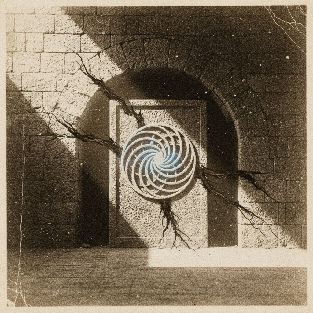 vintage Victorian newspaper photograph, sepia tone, aged paper texture, halftone dot printing, 1890s photojournalism, slight grain, archival quality, authentic period photography, A massive, ancient-looking vault keystone embedded in a cracked stone archway, its core carved with shifting geometric lattices that pulse with cold blue light, fissures spreading outward from its edges where shadows seep through, illuminated by a sharp diagonal beam from the side casting long, jagged shadows, the air thick with dust and static—an artifact under siege, holding closed a breach that hums with unseen force [Nano Banana]