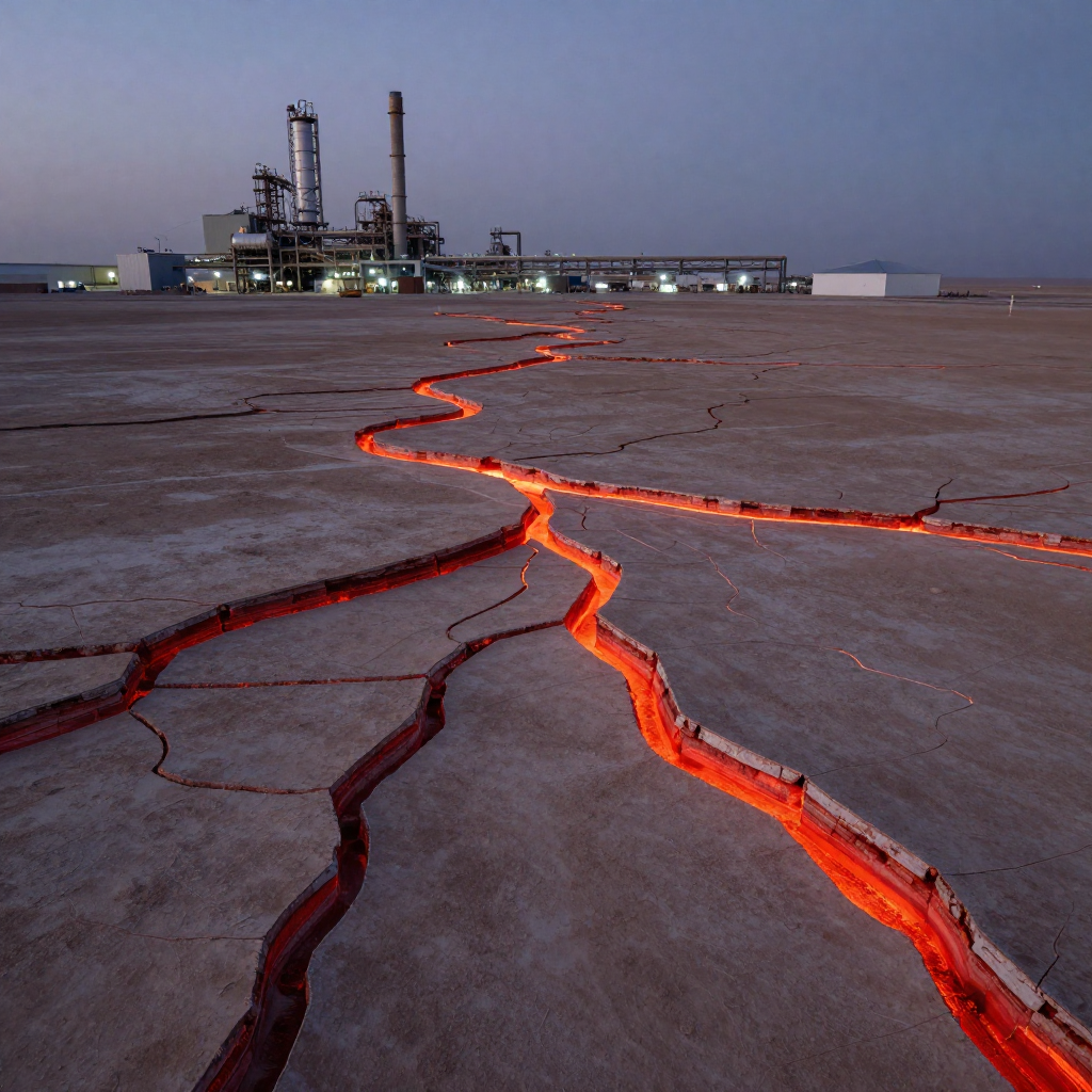 industrial scale photography, clean documentary style, infrastructure photography, muted industrial palette, systematic perspective, elevated vantage point, engineering photography, operational facilities, a vast network of glowing red-orange fissures beneath a cracked desert surface, resembling circuitry or vascular veins, stretching to the horizon under a dusky indigo sky, the fractures pulsing faintly with rhythmic intensity, dust-coated basalt edges revealing layers of sedimentary tension, low-angle twilight casting long, sharp shadows, atmosphere heavy with static electricity and latent eruption [Z-Image Turbo]