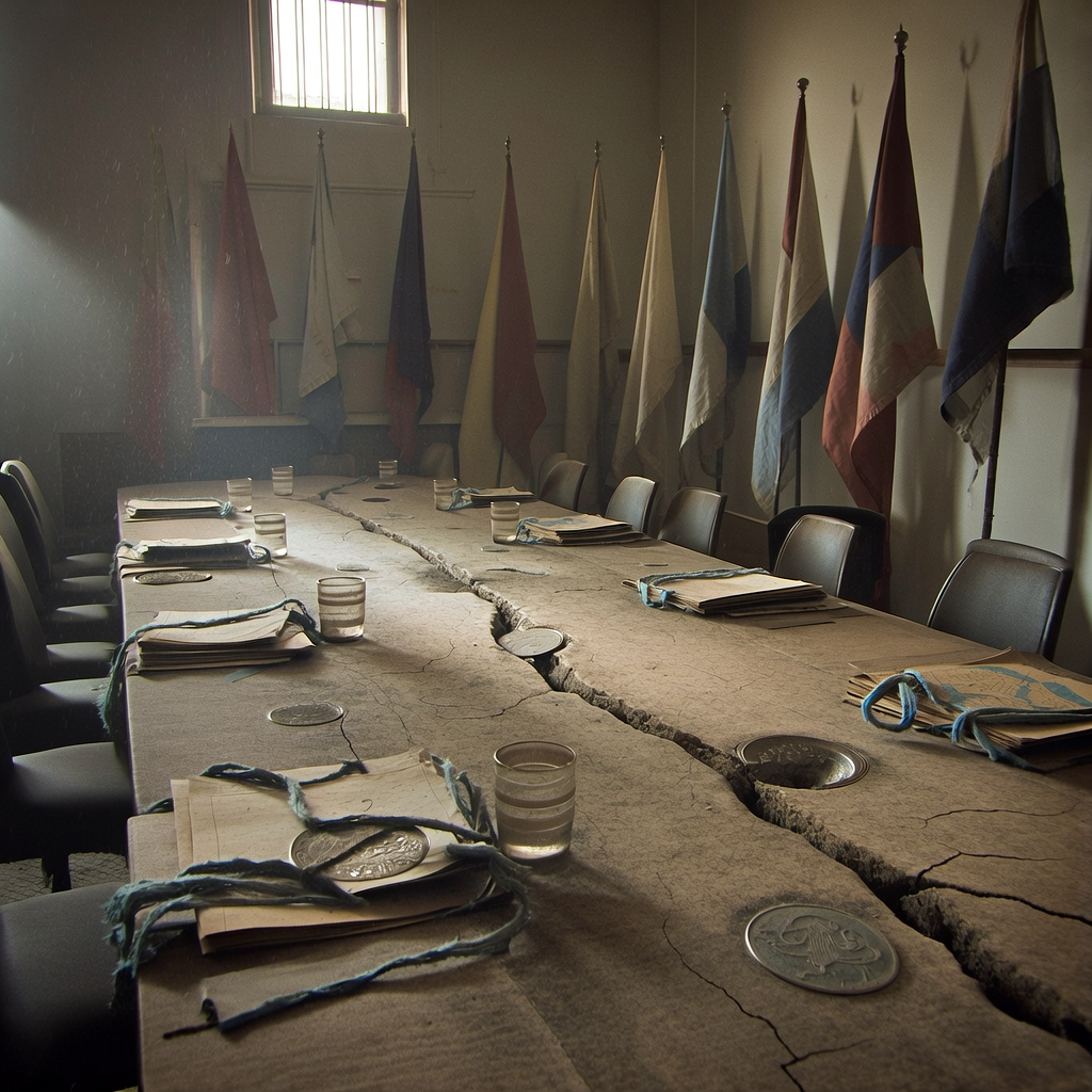 muted documentary photography, diplomatic setting, formal atmosphere, institutional gravitas, desaturated color palette, press photography style, 35mm film grain, natural lighting, professional photojournalism, An elongated diplomatic conference table under dim side lighting, its surface cracked and transformed into dried riverbed clay, with dust-covered national seals of participating nations half-sunken into the fissures. Faint outlines of abandoned place settings — empty water glasses with residue rings, unopened dossiers wrapped in frayed blue ribbons — lie untouched. The atmosphere is heavy and still, with dust motes suspended in stale air, illuminated by a single shaft of cold light from a high, barred window. Behind, a row of faded flags hangs limp, their colors bleached by time, facing an empty chamber. [Bria Fibo]