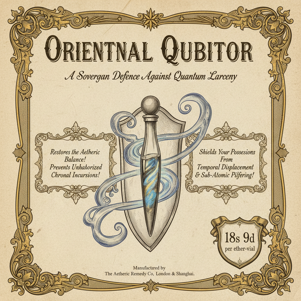 Victorian patent medicine advertisement, ornate decorative border with acanthus scrollwork and celestial flourishes, bold Victorian serif typography headline reading "ORIENTAL QUBITOR", elegant glass ether-vial illustration glowing with quantum aetheric light, mysterious vaporous emanations suggesting protective resonance, aged sepia paper texture with halftone printing effect, decorative text boxes containing claims in period-appropriate language, subtitle "A Sovereign Defence Against Quantum Larceny" in flowing script beneath the title, price "18s 9d per ether-vial" displayed in a gilded corner badge, Victorian era commercial advertising aesthetic, 1890s design style [Nano Banana]