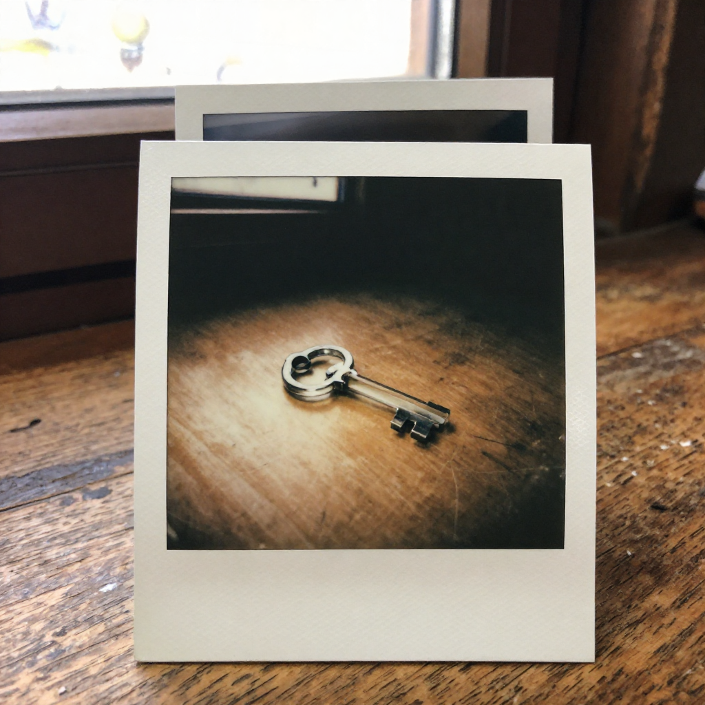 instant Polaroid photograph, vintage 1970s aesthetic, faded colors, white border frame, slightly overexposed, nostalgic lo-fi quality, amateur snapshot, a delicate glass key, translucent with fine surface cracks, resting on a worn wooden desk, lit from above by dim natural light through a nearby window, atmosphere of quiet unease and overlooked danger [Z-Image Turbo]