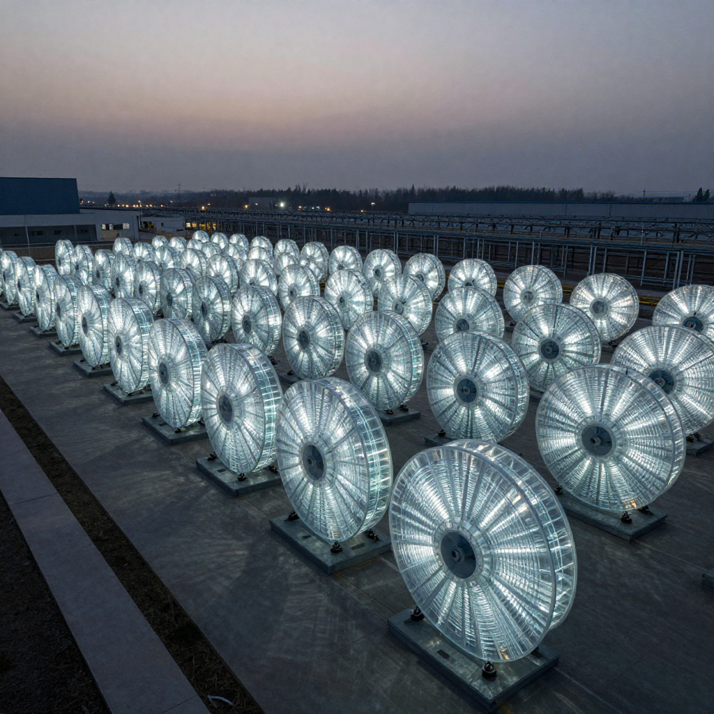 industrial scale photography, clean documentary style, infrastructure photography, muted industrial palette, systematic perspective, elevated vantage point, engineering photography, operational facilities, an endless field of interconnected data spools stretching to the horizon, each carved from translucent obsidian and threaded with bioluminescent filaments, arranged in precise geometric rows under a vast dusky sky, backlit by the first light of dawn casting long, parallel shadows, the air still and charged with latent momentum [Z-Image Turbo]