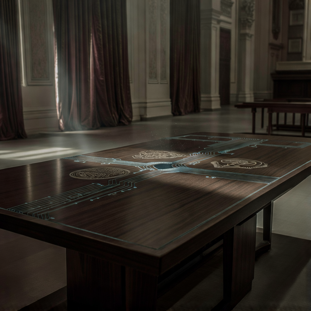 muted documentary photography, diplomatic setting, formal atmosphere, institutional gravitas, desaturated color palette, press photography style, 35mm film grain, natural lighting, professional photojournalism, A long, waist-high treaty table of dark walnut with inlaid channels of faintly glowing blue silicon pathways, resembling a physical circuit board map linking three distinct national seal enclaves—etched with subtle motifs of American, Indian, and Vietnamese insignia; side-lit by narrow shafts of morning light through heavy velvet drapes in a grand, empty hall; atmosphere of hushed consequence, the air still with the weight of unspoken futures, dust motes hovering above the junction where the three seal points meet. [Bria Fibo]