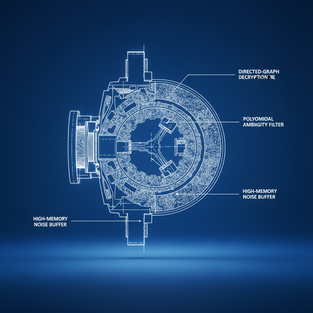 technical blueprint on blue paper, white precise lines, engineering annotations, 1950s aerospace, cutaway diagram of a self-encrypting lattice engine, interwoven dielectric mesh with embedded polynomial pathways, sliced open to reveal nested ambiguity chambers filled with noise-textured convolutional layers, annotation lines labeling 'directed-graph decryption core', 'polynomial ambiguity filter', and 'high-memory noise buffer', backlit from below with sharp, directional light casting precise shadows, clinical clarity in sterile negative space [Nano Banana]