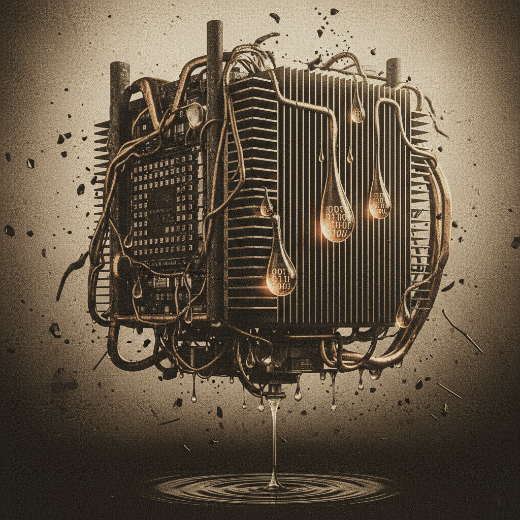vintage Victorian newspaper photograph, sepia tone, aged paper texture, halftone dot printing, 1890s photojournalism, slight grain, archival quality, authentic period photography, A massive, industrial heatsink fused to a lattice of exposed processing dies, its aluminum fins glistening with condensation that pools into faintly glowing, viscous droplets etched with faint binary numerals, illuminated by harsh side light from below casting long, jagged shadows, the air around it vibrating with heat haze and the residue of failed modular reductions, silent except for the slow drip of data into an unseen void. [Nano Banana]