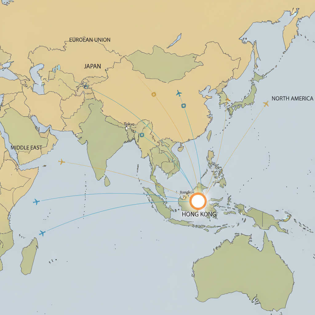 flat color political map, clean cartographic style, muted earth tones, no 3D effects, geographic clarity, professional map illustration, minimal ornamentation, clear typography, restrained color coding, Flat 2D map of East and Southeast Asia, clean vector-style lines defining national borders, Hong Kong marked as a luminous hub at the southern Chinese coast, thin pulsing arcs in graduated blue and gold tones radiating outward—blue lines tracing maritime trade routes laden with AI electronics, gold lines following aerial paths of tourist influx, subtle annotations labeling key partner regions, soft gradient washes indicating economic activity levels, overhead diffuse daylight casting no shadows, atmosphere of calibrated precision and strategic flow [Nano Banana]