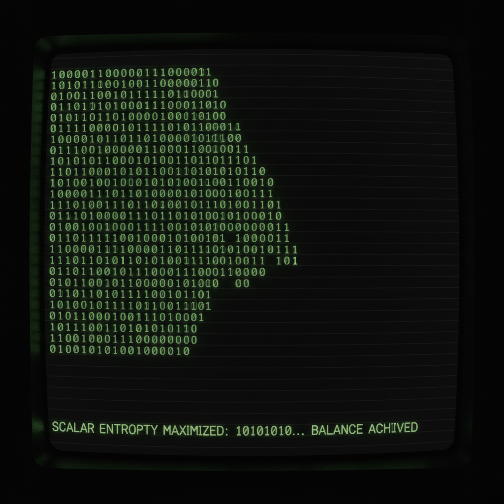 full screen view of monochrome green phosphor CRT terminal display, command line interface filling entire frame, heavy scanlines across black background, authentic 1970s computer terminal readout, VT100 style, green text on black, phosphor glow, screen curvature at edges, Terminal screen, glowing monochrome text on void-black background, centered readout of a cascading binary sequence frozen mid-display, sharp and precise, with the final line reading "SCALAR ENTROPY MAXIMIZED: 10101010... BALANCE ACHIEVED", light emanating solely from the text, creating a stark, silent tension. [Nano Banana]