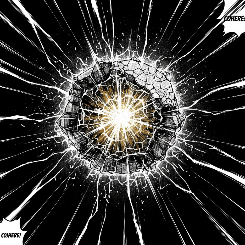 black and white manga panel, dramatic speed lines, Akira aesthetic, bold ink work, a fractured perovskite crystal suspended in darkness, its core pulsing with golden coherence-light, jagged speed lines of refracted phonons radiating outward like shockwaves, the crystal’s surface half-transformed into geometric stability while the edges fray into thermal noise, lit from within by a controlled burst of quantum glow, atmosphere of suspended collapse [Nano Banana]