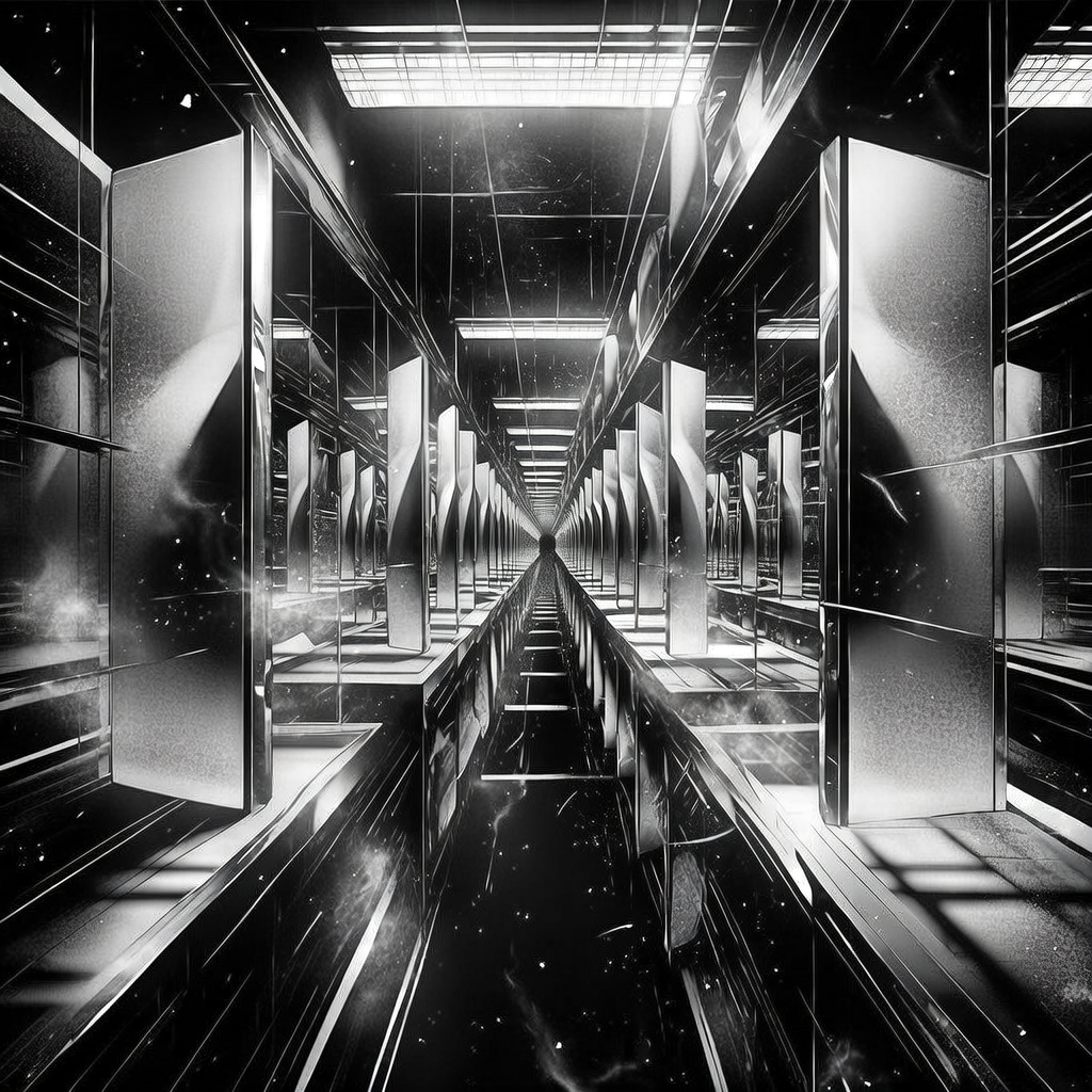 black and white manga panel, dramatic speed lines, Akira aesthetic, bold ink work, An endless mirrored corridor stretching into infinite regression, each reflection slightly warped by subtle convex curves in the glass, constructed from tarnished chrome and frosted glass panels suspended over a bottomless void, illuminated by flickering fluorescent strips above casting sharp alternating bands of light and shadow, the air thick with drifting dust and faint vapor trails—like breath in cold space—amplifying the silence of a system running on empty promises [Bria Fibo]