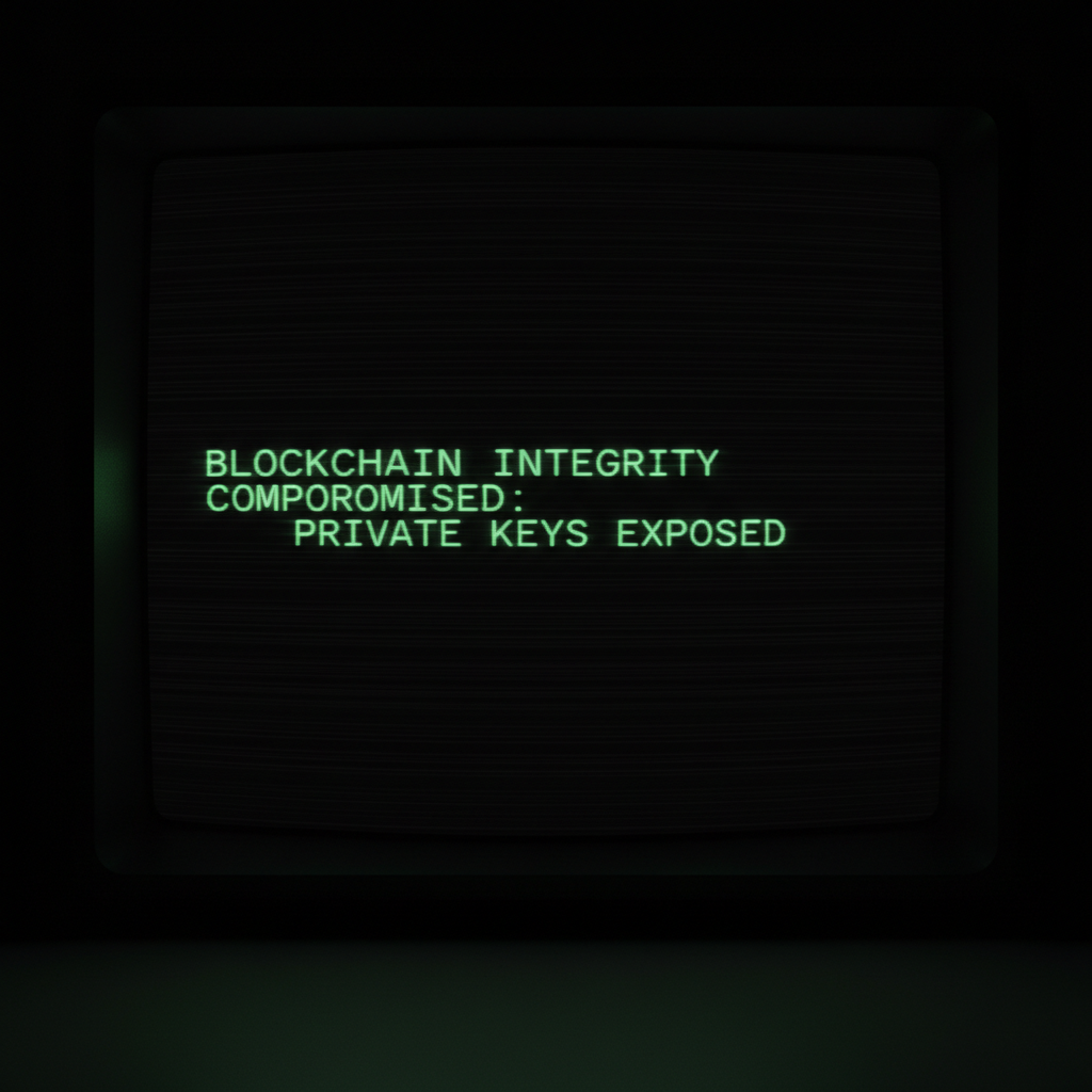 full screen view of monochrome green phosphor CRT terminal display, command line interface filling entire frame, heavy scanlines across black background, authentic 1970s computer terminal readout, VT100 style, green text on black, phosphor glow, screen curvature at edges, "BLOCKCHAIN INTEGRITY COMPROMISED: PRIVATE KEYS EXPOSED", monospaced green text glowing faintly on deep black background, text slightly blurred as if out of focus, dim ambient glow from unseen source below frame, atmosphere of quiet inevitability and digital vulnerability [Nano Banana]