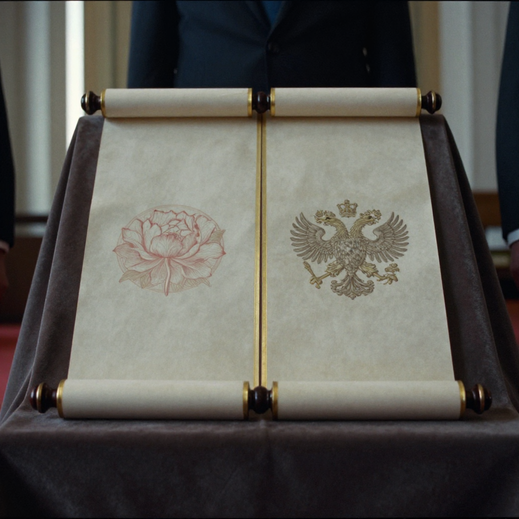 muted documentary photography, diplomatic setting, formal atmosphere, institutional gravitas, desaturated color palette, press photography style, 35mm film grain, natural lighting, professional photojournalism, a ceremonial scroll split down the center with gilded edging, one half bearing a peony seal under dim side-lit parchment, the other half stamped with a double-headed eagle in fading ink, both halves resting on a velvet drape in muted umber and slate, lit from the left by narrow institutional light, atmosphere of hushed anticipation and unresolved alignment [Z-Image Turbo]