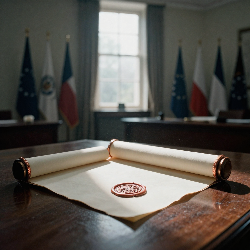 muted documentary photography, diplomatic setting, formal atmosphere, institutional gravitas, desaturated color palette, press photography style, 35mm film grain, natural lighting, professional photojournalism, a sealed parchment scroll with fine copper tracery woven into its edges, resting on a dark oak table beneath a single shaft of side light from a high window, the wax emblem imprinted with a geometric python motif cracking slightly at the edges, the air still and thick with dust motes, in a silent, institutional chamber lined with empty flagpoles [Z-Image Turbo]