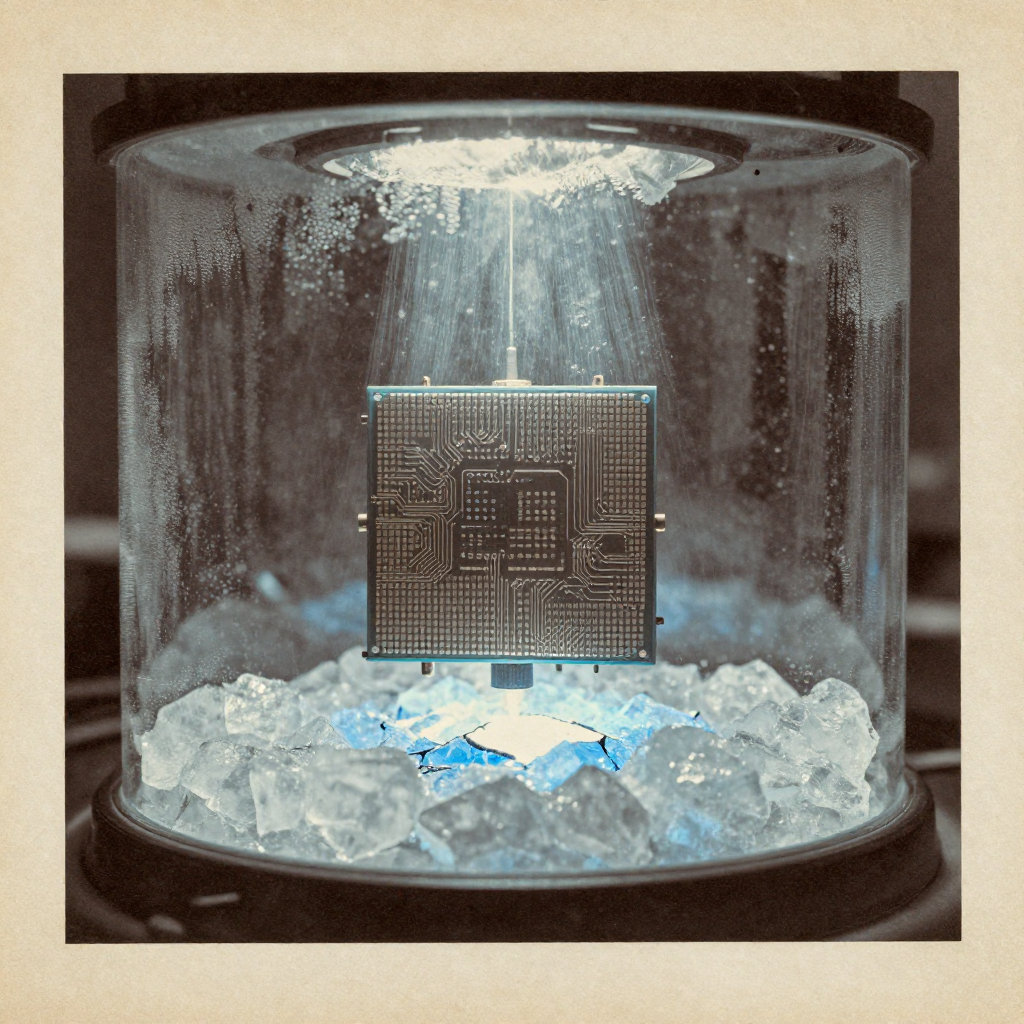 vintage Victorian newspaper photograph, sepia tone, aged paper texture, halftone dot printing, 1890s photojournalism, slight grain, archival quality, authentic period photography, a quantum processor core suspended in ice-laced vacuum, niobium circuits glowing faintly blue beneath cracked quantum frost, side-lit by a cold beam piercing through condensation-streaked sapphire glass, atmosphere of silent strain as if the air itself resists thawing [Z-Image Turbo]