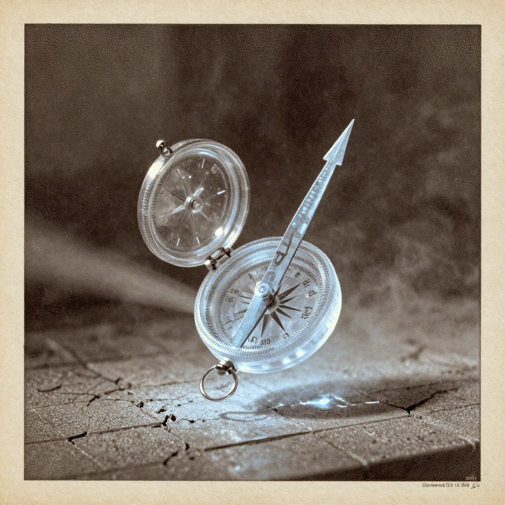 vintage Victorian newspaper photograph, sepia tone, aged paper texture, halftone dot printing, 1890s photojournalism, slight grain, archival quality, authentic period photography, a self-correcting compass, its casing made of translucent quantum ice veined with glowing qubit pathways, the needle forged from shape-memory alloy that twitches and recalibrates mid-air, suspended above a cracked cryogenic tile floor, lit from the left by a narrow blade of cold indigo light, the air thick with slow-drifting nitrogen fog and the faint afterglow of failed corrections [Z-Image Turbo]
