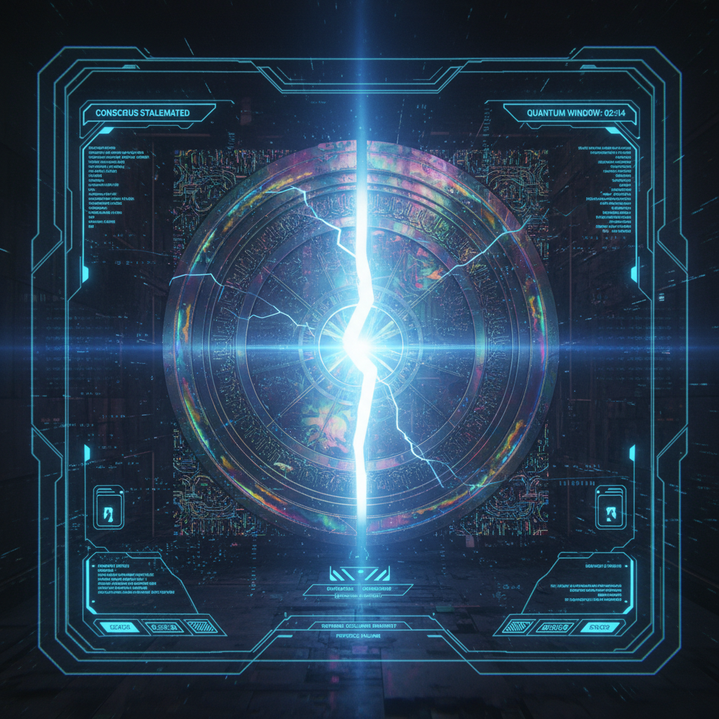 first-person view through futuristic HUD interface filling entire screen, transparent holographic overlays, neon blue UI elements, sci-fi heads-up display, digital glitch artifacts, RGB chromatic aberration, data corruption visual effects, immersive POV interface aesthetic, a massive, ancient vault door cracked down the center, forged from iridescent cryptographic hash patterns frozen in time, viewed through a translucent military-grade heads-up display, sharp data readouts ticking at the edges showing 'CONSENSUS STALEMATED' and 'QUANTUM WINDOW: 02:14', cold blue light piercing from behind the door, atmosphere of silent systemic collapse [Nano Banana]