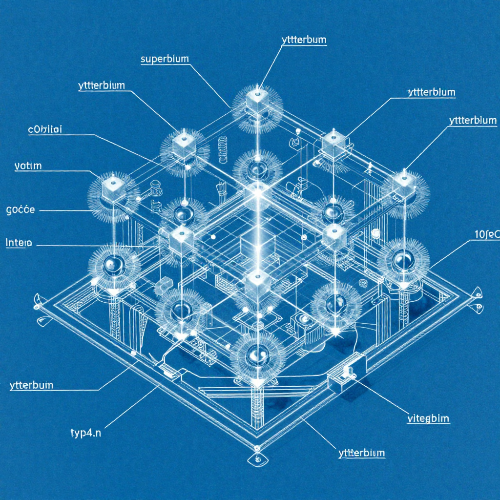 technical blueprint on blue paper, white precise lines, engineering annotations, 1950s aerospace, exploded view of a flawless 1024-point atomic lattice suspended in a supercooled trap chamber, individual ytterbium atoms held in perfect cubic symmetry by intersecting beams of laser light, each atom encased in a halo of frozen vibration, annotated with fine lines labeling cooling stages, tweezers paths, and vacuum layers, under sharp top-down illumination creating crisp shadows, sterile and silent atmosphere [Z-Image Turbo]
