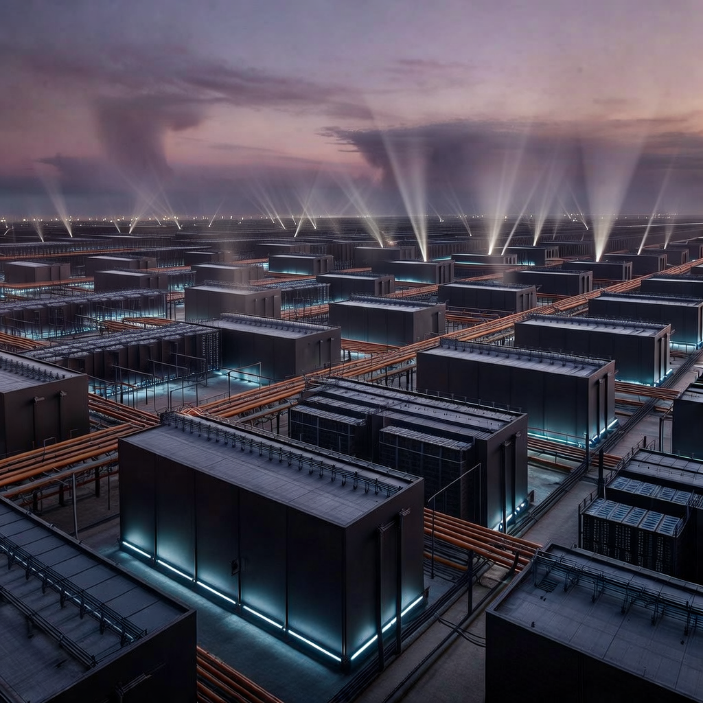 industrial scale photography, clean documentary style, infrastructure photography, muted industrial palette, systematic perspective, elevated vantage point, engineering photography, operational facilities, A vast data center complex stretching beyond the horizon, its rows of matte-black server halls linked by exposed fiber conduits, lit from below by cold blue emergency strips, set under a bruised twilight sky with spotlights sweeping silently across the rooftops like searchlights, the air thick with static haze and distant thunder, evoking surveillance, containment, and the quiet tension of ideological enforcement [Bria Fibo]