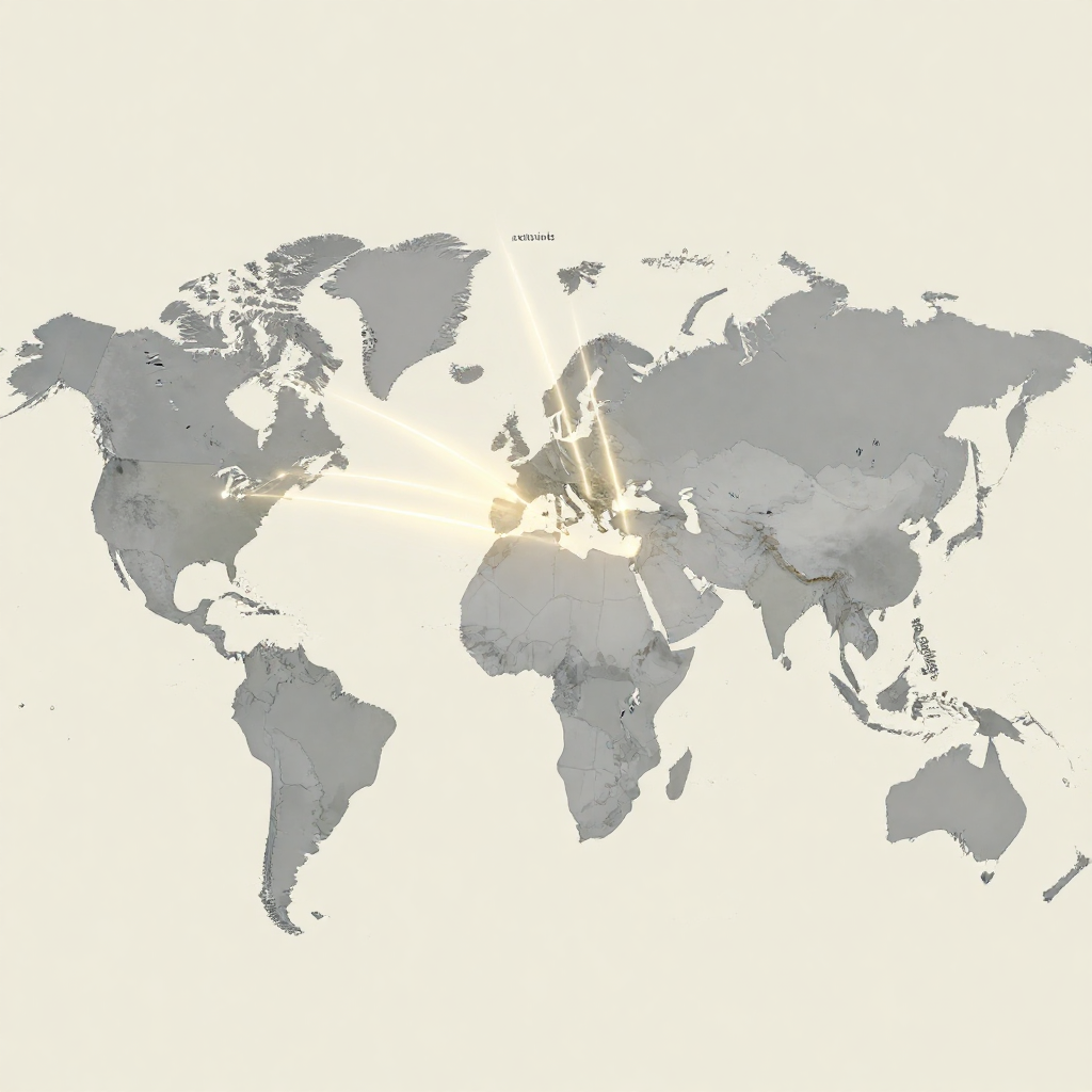 flat color political map, clean cartographic style, muted earth tones, no 3D effects, geographic clarity, professional map illustration, minimal ornamentation, clear typography, restrained color coding, flat 2D world map with simplified country outlines, clean vector-style lines, subtle blue-gray landmasses and off-white oceans, annotated with thin glowing trajectories flowing between the United States and China labeled 'preprints', 'patents', 'conferences', 'algorithms', soft directional light from above emphasizing the paths, atmosphere of quiet inevitability [Z-Image Turbo]