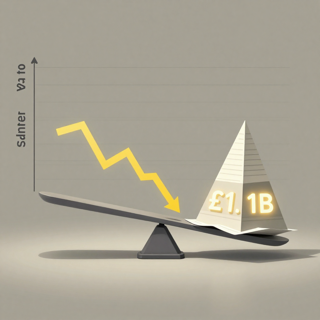 clean data visualization, flat 2D chart, muted academic palette, no 3D effects, evidence-based presentation, professional infographic, minimal decoration, clear axis labels, scholarly aesthetic, a fractured balance scale suspended in mid-air, one side constructed from brittle, yellowed trend lines sloping sharply downward, the other a crumpled sheet of demographic pyramids weighted with glowing '£1.1B' inscriptions, overhead lighting casting sharp, clinical shadows, atmosphere of silent collapse in a sterile grid-lined void [Z-Image Turbo]