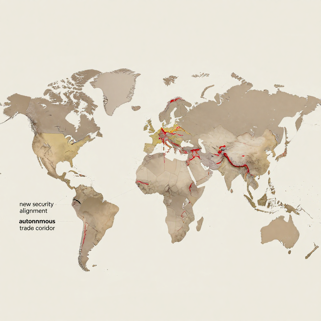 flat color political map, clean cartographic style, muted earth tones, no 3D effects, geographic clarity, professional map illustration, minimal ornamentation, clear typography, restrained color coding, flat 2D world map with fine fracture lines radiating from the Atlantic, subtle color differentiation between emerging economic blocs, diverging red and gold trade route lines extending from North America and China toward India and Scandinavia, annotated with faint dashed connectors labeled 'new security alignment' and 'autonomous trade corridor', overhead lighting casting soft shadows along the cracks, atmosphere of quiet systemic rupture [Z-Image Turbo]