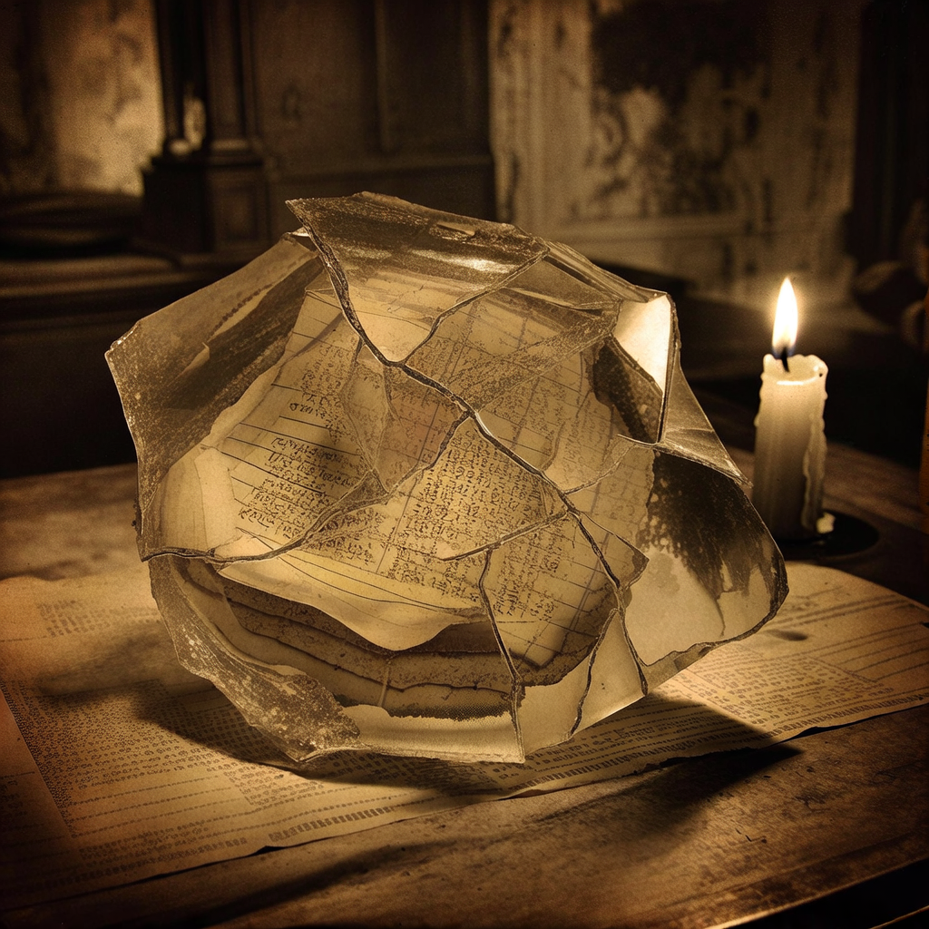 vintage Victorian newspaper photograph, sepia tone, aged paper texture, halftone dot printing, 1890s photojournalism, slight grain, archival quality, authentic period photography, a fractured crystalline seal inscribed with fading ciphers, forged from brittle glass and layered ledger paper, lit by flickering side candlelight, in an atmosphere of hushed decay and quiet urgency [Bria Fibo]