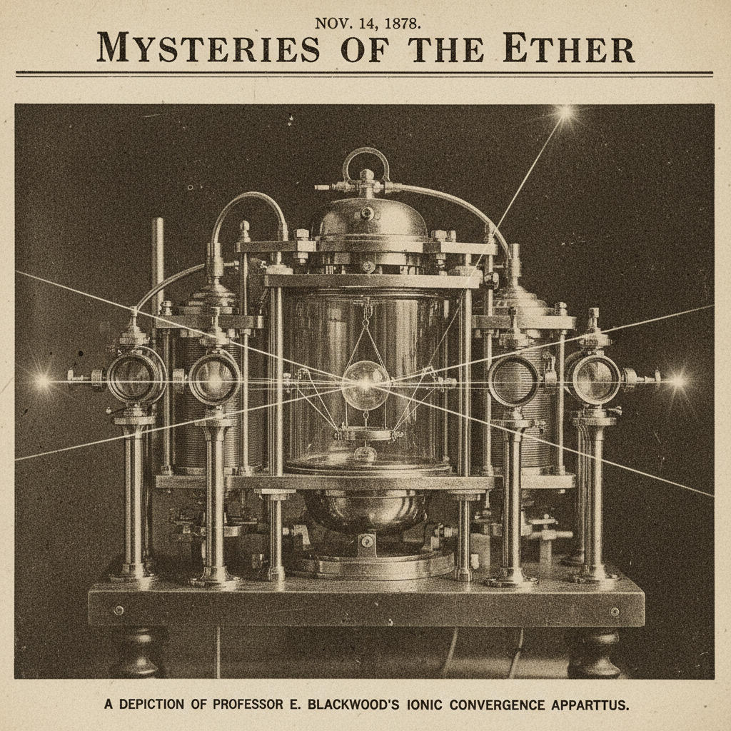 vintage Victorian newspaper photograph, sepia tone, aged paper texture, halftone dot printing, 1890s photojournalism, slight grain, archival quality, authentic period photography, An intricate array of laser optics and electromagnetic coils precisely converging on a central ion trap within a vacuum chamber, beams of light sharply defined by clean optical paths, dramatic side-lighting from the laser sources casting long, crisp shadows and intense highlights on the polished equipment, an atmosphere of focused control and immense latent energy. [fal-ai/nano-banana]