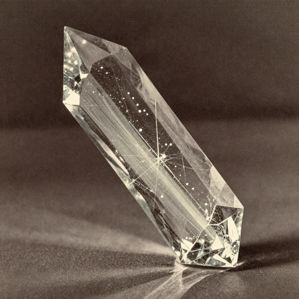 vintage Victorian newspaper photograph, sepia tone, aged paper texture, halftone dot printing, 1890s photojournalism, slight grain, archival quality, authentic period photography, a fractured crystalline prism, made of layered quantum-etched glass with hairline cracks pulsing with stray photons, lit by sharp side light from a single oblique source, casting unstable spectral bands that fray and converge into a single narrow beam—like a collapsing key space—amid a still, tense atmosphere of fragile precision [Z-Image Turbo]