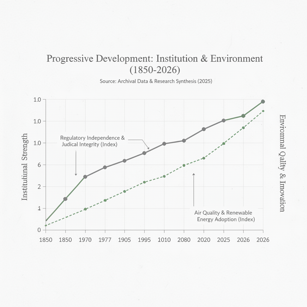 clean data visualization, flat 2D chart, muted academic palette, no 3D effects, evidence-based presentation, professional infographic, minimal decoration, clear axis labels, scholarly aesthetic, line chart with dual trend lines on a white grid background, one tracing institutional strength (measured by regulatory independence and judicial integrity) steadily rising from 1850 to 2026, the other showing corresponding improvement in air quality and renewable energy adoption, rendered in muted green and gray ink lines with precise axis labels, sharp serif typography for data points, and minimal annotations; light from above casting subtle graphite texture across the page, atmosphere of archival clarity and measured transformation [Nano Banana]