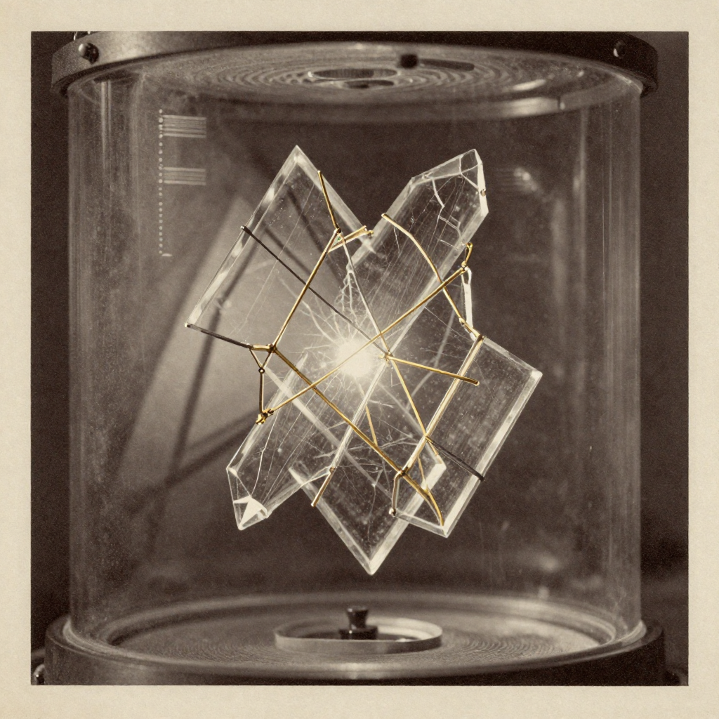 vintage Victorian newspaper photograph, sepia tone, aged paper texture, halftone dot printing, 1890s photojournalism, slight grain, archival quality, authentic period photography, a fractured crystal lattice braced by golden threads, glass-like facets intersecting with precise metallic sutures, lit from the left by a narrow beam that casts long shadows of its internal seams, suspended in a vacuum chamber with faint microwave echoes rippling the air—glowing faintly where stress fractures form at the nodes, as if holding back a silent collapse [Z-Image Turbo]