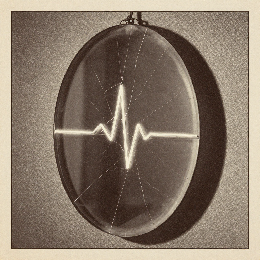vintage Victorian newspaper photograph, sepia tone, aged paper texture, halftone dot printing, 1890s photojournalism, slight grain, archival quality, authentic period photography, a cracked obsidian mirror fused with glowing silver filaments, side-lit from deep shadow casting long fractures across its surface, the threads pulsing faintly like a heartbeat in a silent, suspended atmosphere [Z-Image Turbo]