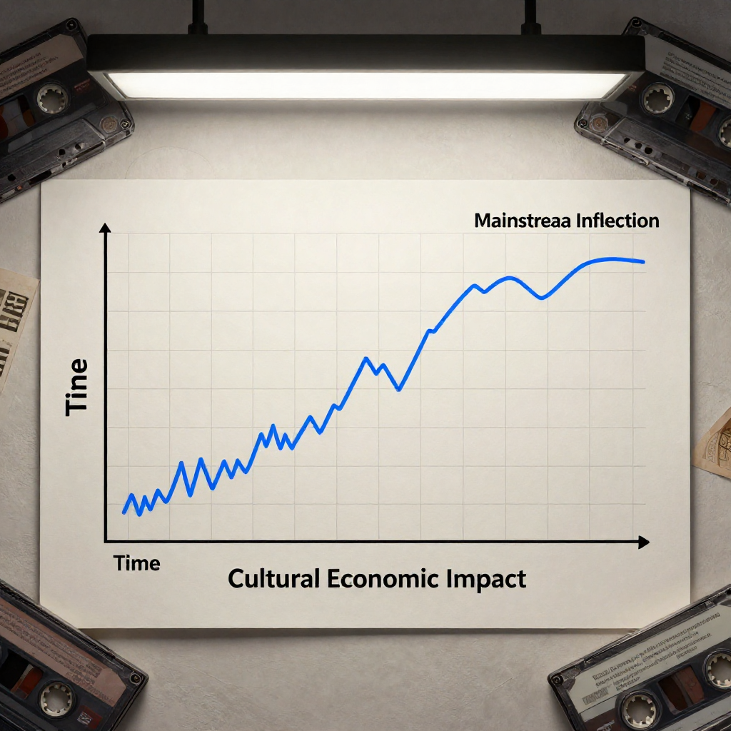 clean data visualization, flat 2D chart, muted academic palette, no 3D effects, evidence-based presentation, professional infographic, minimal decoration, clear axis labels, scholarly aesthetic, a precise 2D line graph on a pale grid background, its thin black axes labeled 'Time' and 'Cultural Economic Impact', a single electric blue waveform beginning near zero on the left, rising steadily through jagged early pulses, then swelling into a smooth, high-amplitude curve that breaches a dashed threshold line marked 'Mainstream Inflection'. The graph sits on aged paper with faint watermarks of cassette tapes, zine fonts, and sneaker soles. Overhead fluorescent lighting casts sharp, even illumination. The atmosphere is clinical yet charged—like an archive where data tells a story of rebellion turned revenue. [Z-Image Turbo]