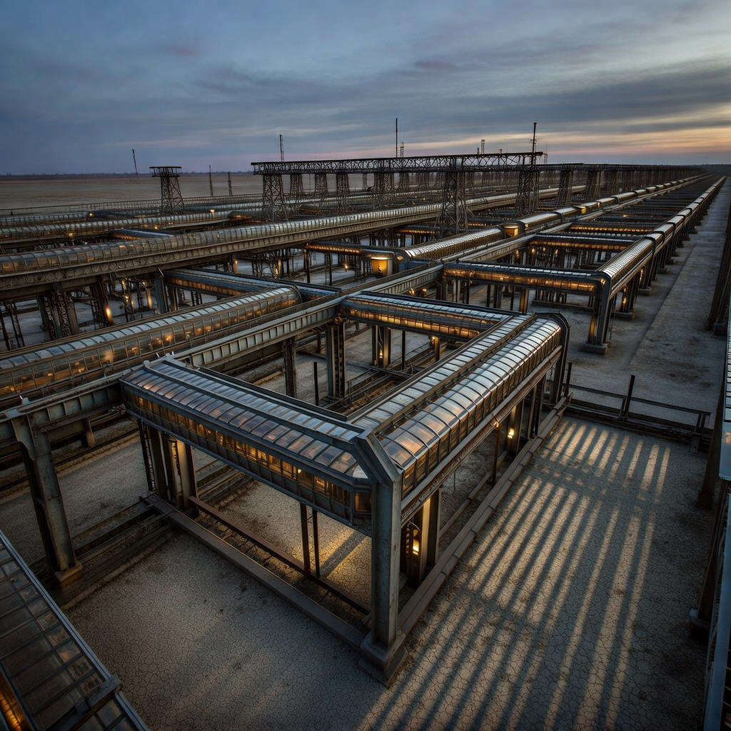 industrial scale photography, clean documentary style, infrastructure photography, muted industrial palette, systematic perspective, elevated vantage point, engineering photography, operational facilities, a vast geometric lattice of illuminated underground conduits and elevated power spines stretching to the horizon, embedded with rhythmic nodes of low amber light, forged from weathered steel and reinforced glass, set against a flat expanse of cracked earth under a dusking sky, the grid precise and unbroken, casting long parallel shadows in the slanting light, atmosphere still and watchful [Bria Fibo]