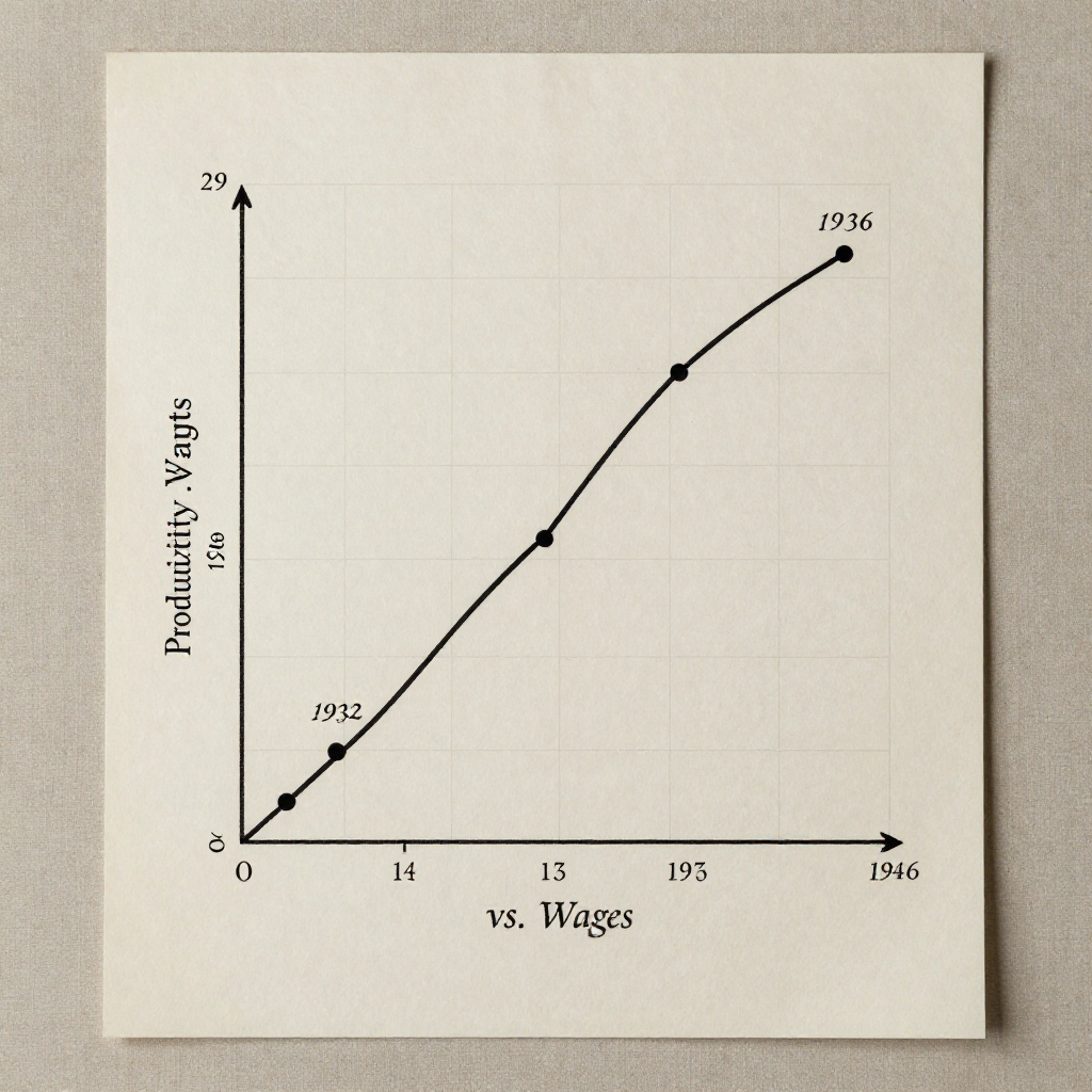 clean data visualization, flat 2D chart, muted academic palette, no 3D effects, evidence-based presentation, professional infographic, minimal decoration, clear axis labels, scholarly aesthetic, a large, vertically oriented paper chart mounted on linen backing, its surface marked by subtle foxing and creases, ink lines plotting a steeply diverging curve labeled 'Productivity vs. Wages' with key inflection points annotated in 19th-century script at 1776, 1932, and 1946, graphite gridlines faint beneath, illuminated from the left by low-angle daylight revealing fine fiber texture in the paper, atmosphere of archival stillness and quiet urgency [Z-Image Turbo]
